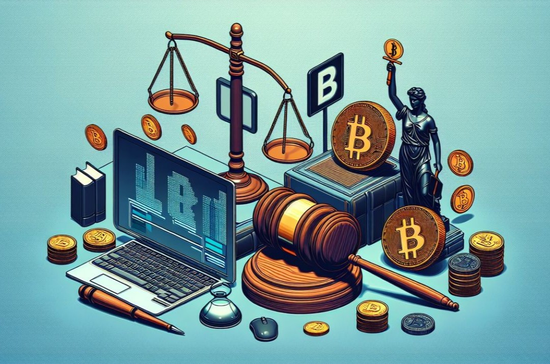 A symbolic illustration depicting the intersection of cryptocurrency and legal regulation